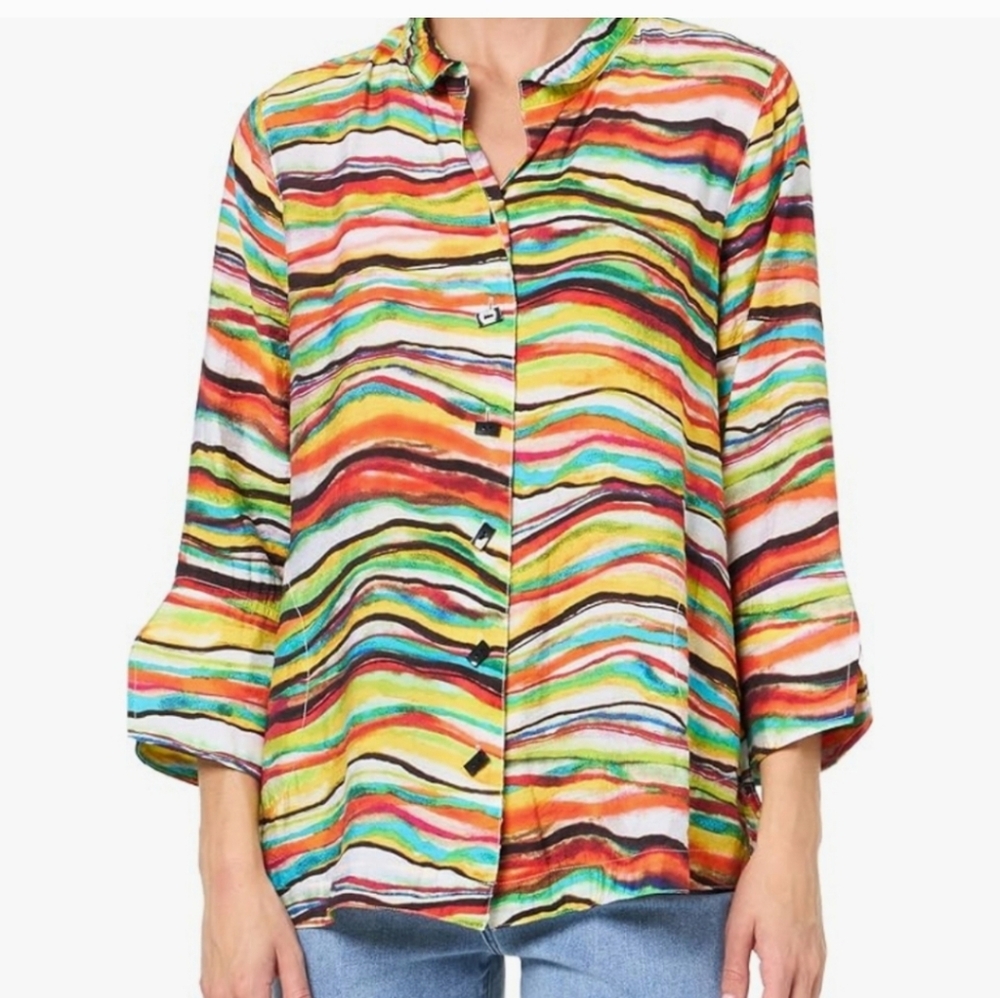 Multiples Yellow Orange 3/4 Sleeve Button Down Shirt Stand Up Collar Size 1XL
